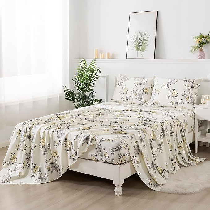 FADFAY Floral Sheets Set Full Vintage Rose Floral Bedding Shabby Grey and Yellow Peony Sheets Farmhouse Bedding 800 Thread Count 100% Egyptian Cotton Soft Deep Pocket Fitted Sheet 4Pcs, Full Size