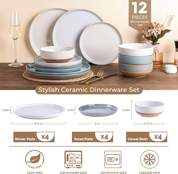 AmorArc Ceramic Dinnerware Sets for 4, 12 Pieces Handpainted Plates and Bowls Set with Rustic Terracotta Underside, Scratch Resistant Stoneware Dishes Set, Dishwasher & Microwave Safe, Multi-Color