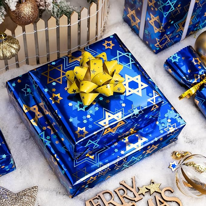 MAYPLUSS Hanukkah Wrapping Paper Roll - 17In * 32.8 Ft - Navy Blue Star of David Gift Wrap Present Paper with Metallic Foil Design for Chanukah Jewish Festival, Christmas, Party, Holiday & DIY Craft