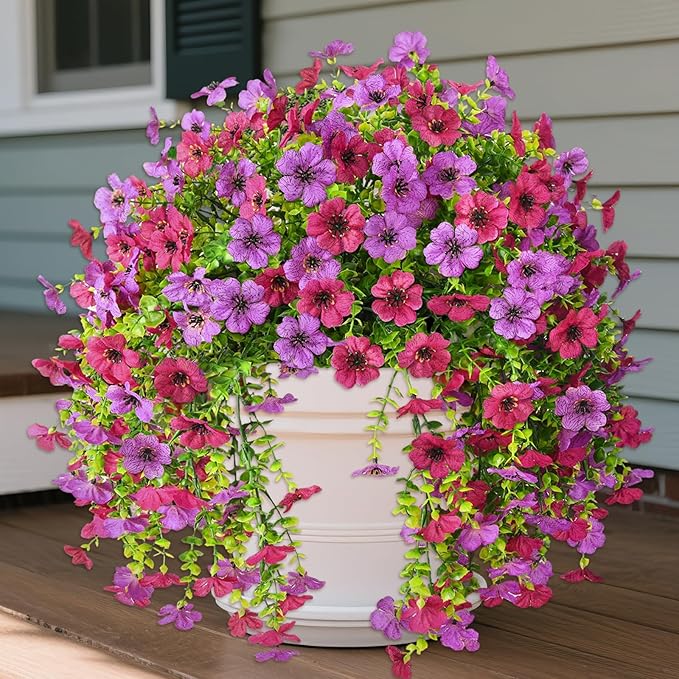 Artificial Faux Hanging Flowers Plants for Outdoor Spring Summer Decoration, 2PCS Fake Daisy Silk Plant Outside No Fade UV Resistant Realistic Home Decor for Porch Patio Window Box (Mix purple)