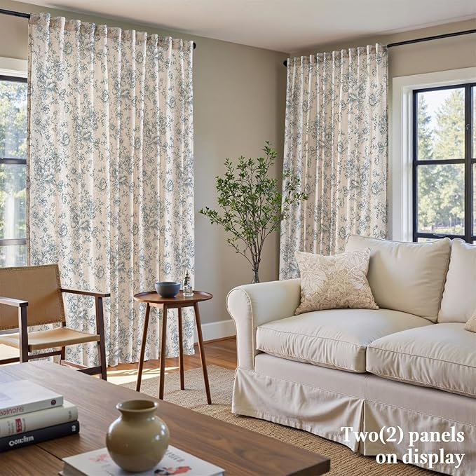 jinchan Linen Floral Curtains 100 Inch Extra Wide for Patio Sliding Glass Door Room Divider Curtain for Living Room 96 Inch Length Farmhouse Peony Blue Printed Curtain Set 1 Panel