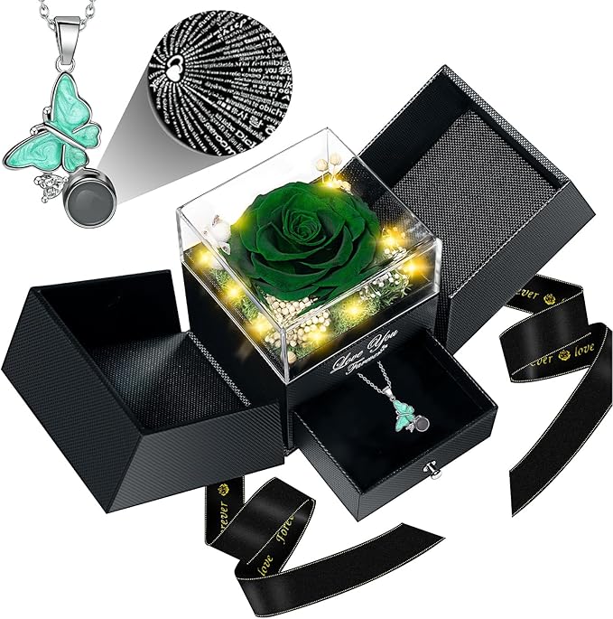 DRTINA Preserved Green Real Rose with I Love You Butterfly Necklace-Eternal Flowers Rose Birthday Gifts for Women Wife Mom Girlfriend Grandma on Mothers Day Valentines Anniversary Christmas Romantic