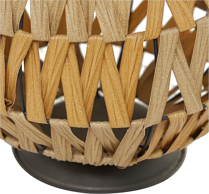 Deco 79 Plastic Rattan Handmade Decorative Candle Lantern with Wrapped Zig Zag Design, 11" x 11" x 19", Light Brown