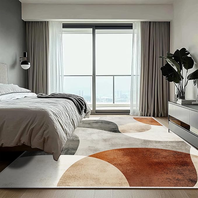 5x7 Boho Area Rug Brown Tan Beige Black White Bedroom Rug Soft Low Pile Thin Large Carpet Living Room Non Slip Dining Room Stain Resistant Office Washable Machine