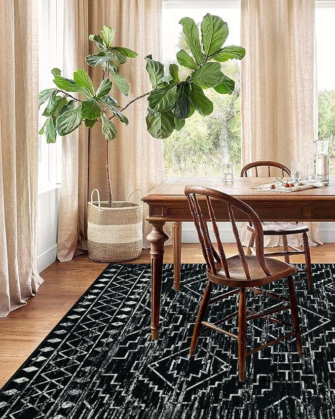 Wonnitar Moroccan 8x10 Area Rugs for Living Room, Washable Large Black Rug for Bedroom, Non-Slip Soft Thin Stain Resistant Boho Tribal Floor Carpet for Dining Guest Room Office (Black,8'x10')