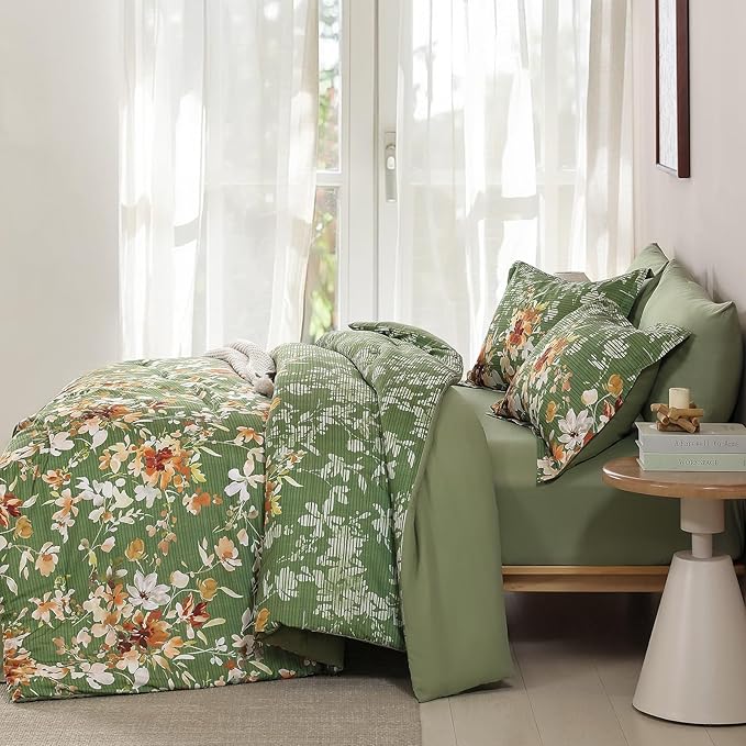 Dobuyly Queen Comforter Set, 7 Pieces Green Floral Comforter Set, Bed in a Bag Queen with Botanical Flowers Pattern, All Season Farmhouse Queen Size Bedding Set with Sheets, Pillowcases & Shams