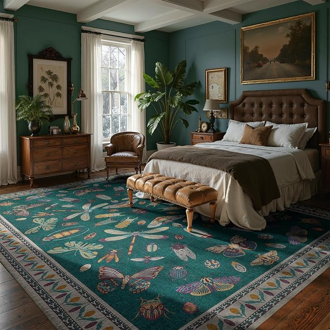 DCX 6x9 Washable Insect Rug, Vintage Gothic Deep Teal Rug with Non-Slip Rubber Backing, Soft Low-Pile, Stain-Resistant, Kid & Pet Friendly, for Living Room, Bedroom, Office, and Nature-Themed Decor