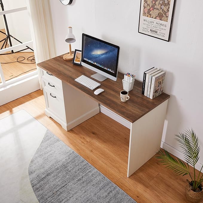 60" Farmhouse Executive Desk with Charging Station,Home Office Desk with 2 Drawers &1 File Cabinet,Wood Work Desk for Office and Home