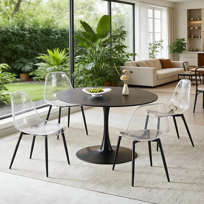 KEIKI 42.1" Round Dining Table, Mid Century Modern Bistro Table with Thickened MDF Tabletop & Metal Pedestal, for 4-6 People, Small Places, Cafe, Kitchen, Living Room, Faux Marble Black
