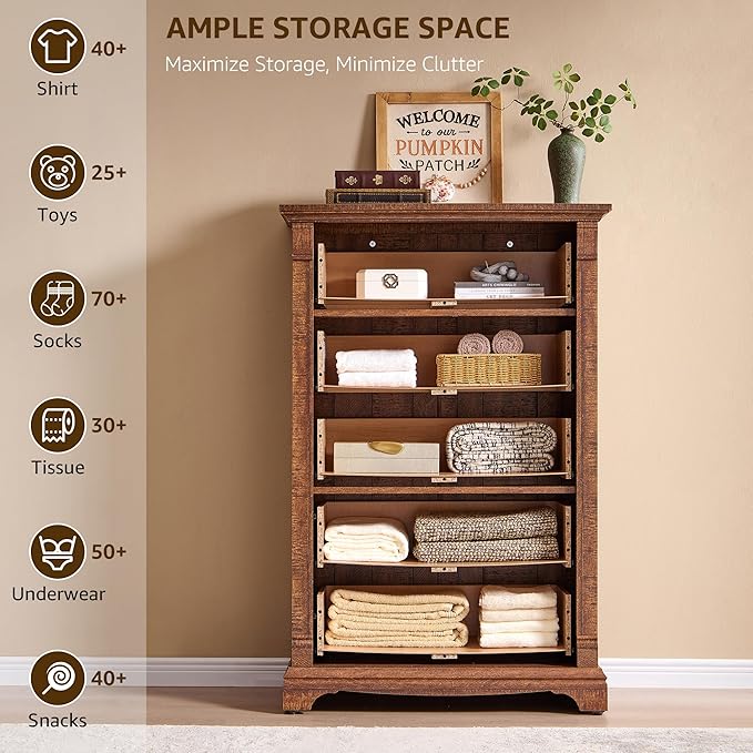 T4TREAM Farmhouse 5 Drawer Dresser for Bedroom, 47" Tall Wood Dresser with Ample Storage Space and Rustic Charm, Reclaimed Barnwood