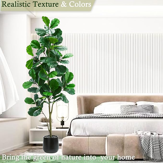 Artificial Fiddle Leaf Fig Tree：7FT Tall Faux Ficus Lyrata Plant Fake Fig Trees Realistic Green Silk Large Leaves with Natural Trunks & Pebbles in Black Planter for Indoor Outdoor Office Home.