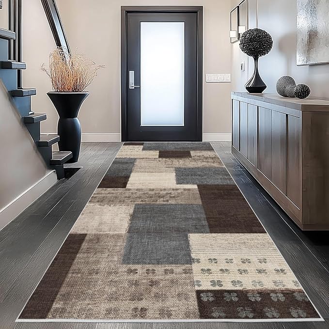 Modern Geometric Patchwork Indoor Runner Rug for Living Room, Blue-Taupe 2'x 6' Rug Rockwood Collection Hardwood Floors Decor for Bedroom, Blue Throw Carpet for Office Entryway Dining Room