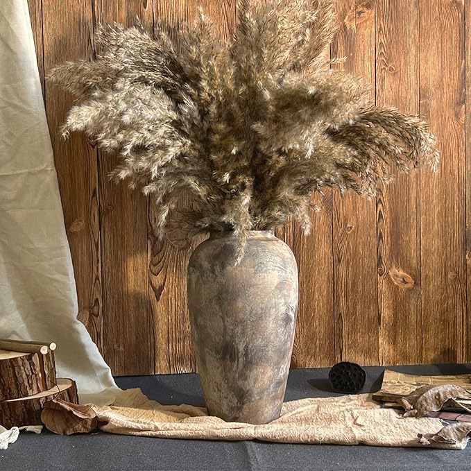 12 Inch Vintage Farmhouse Decor Ceramic Rustic Vase, Handmade Brown Flower Vases for Centerpieces, Living Room & Kitchen Shelf Decorative Pottery Vase for Home Decor