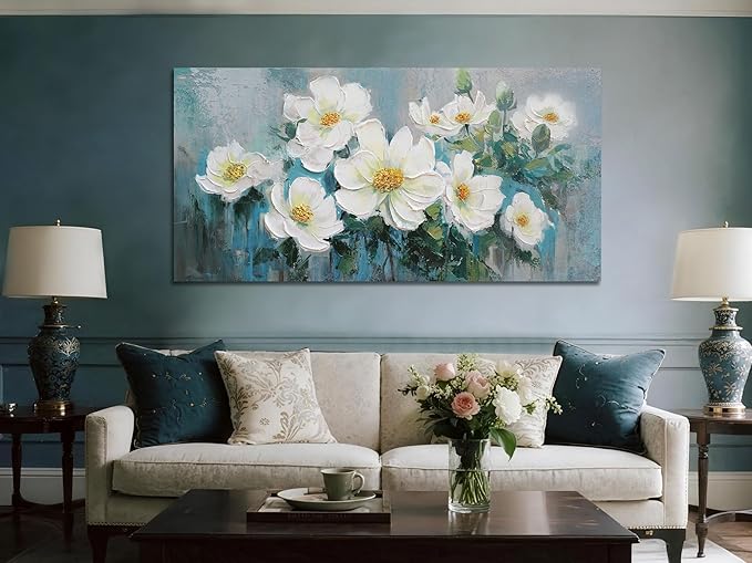 Ardemy White Floral Canvas Wall Art Large Teal Textured Pictures Wall Decor Turquoise Paintings Artwork for Living Room Bedroom Home Office, 40"x20"