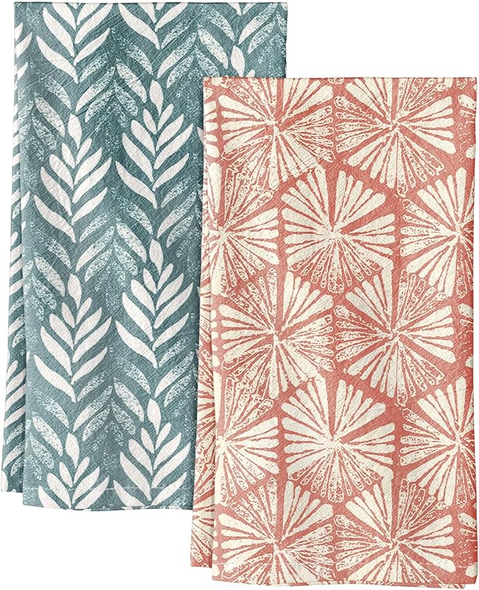 Miss Adola 2 Pack Flour Sack Kitchen Towels - 16x26 Inch Cotton Dish Towels with Hanging Loop Reusable Geometric Boho Modern Retro Tea Towel Absorbent Dishcloths Home Decor, Botanical Flower