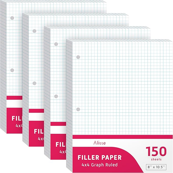 Alitte Loose Leaf Graph Paper, 4x4 Grid, 600 Sheets (150/Pack) Graphing Paper for School, College, Office - 3 Hole-Punch Sheets for Ring Binders, Notebooks, Pocket Folders - White, 8 x 10.5 inches