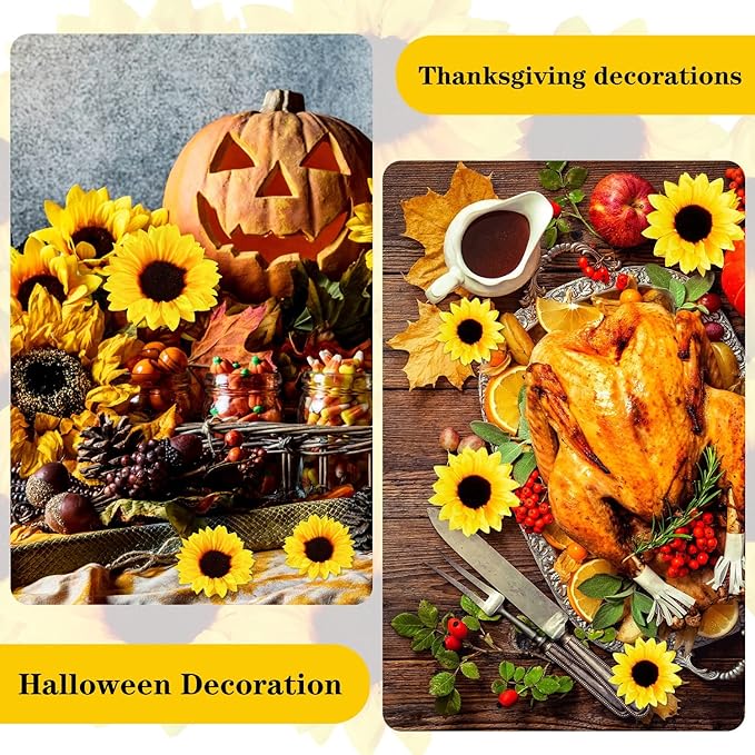 40pcs Fake Sunflower Heads with Stems, 4" Sunflower Artificial Silk Flower Heads for Party Baby Shower Wedding Making Handicrafts Home Decor(Yellow)