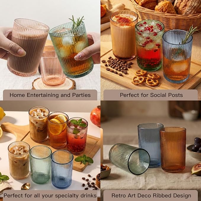 Colored Ribbed Highball Glasses Set of 6, 13.2oz Vintage Colored Glassware, Drinking Glasses for Water, Juice, Iced Coffee, Cocktails, Multicolor Glass Cups, Housewarming Christmas Gift