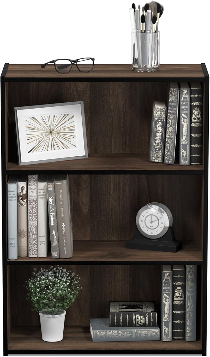 Furinno PASIR Book Shelf, 3-Tier Bookshelf, Storage Shelves Bookcase, 9.7 x 23.7 x 31.5, for Living Room, Bedroom, Home Office, Columbia Walnut