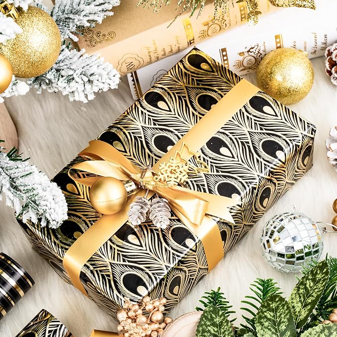 LeZakaa Black Gold Wrapping Paper, Luxury Metallic Gift Wrap with Polka Dots, Stripes & Peacock Feather Pattern for Birthday, Wedding, Bridal Shower, 17 x 120 inches 3 Rolls, Mini Roll