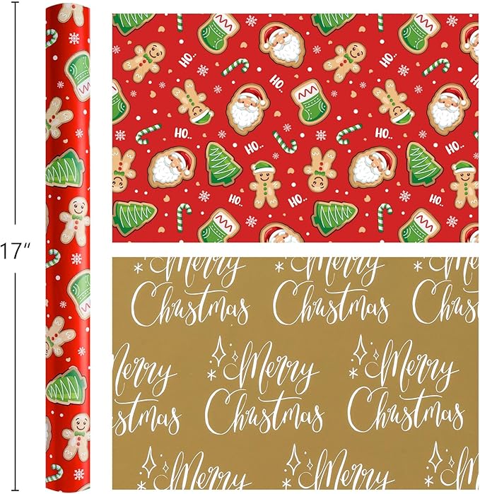 MAYPLUSS Red Christmas Wrapping Paper Roll - 17IN X 33FT - Santa Gift Wrapping Paper Featuring Santa Claus Gingerbread Christmas Tree HO Candy Cane Reversible Gold for Kids, Holiday, New Year