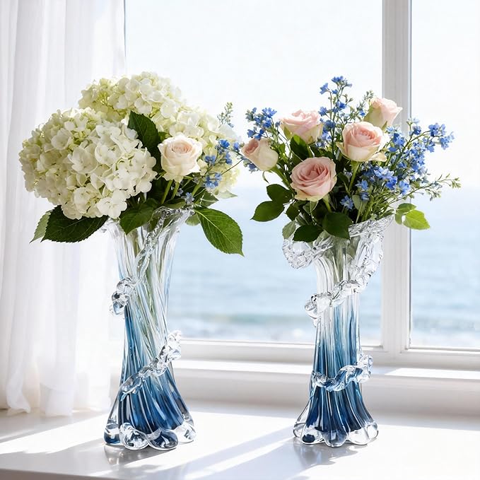 9.8" H Blue Blown Glass Vase, Modern Art Hand Blown Coastal Vase,Beautiful Unique Ocean Wave Centerpieces for Living Room, Bedroom, Office Desktop,Coffee Table and Wedding Decorative (M)