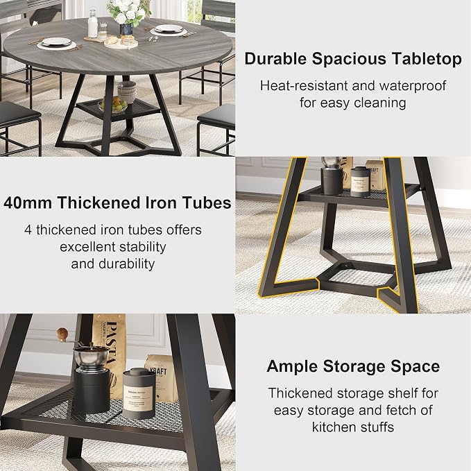 knoworld 51'' Round Dining Table, Kitchen Tables Dining Room Circle Dinner Table with Pedestal Metal Frame, Space Saving Wood Industrial Kitchen & Dining Room Tables, Grey 51In