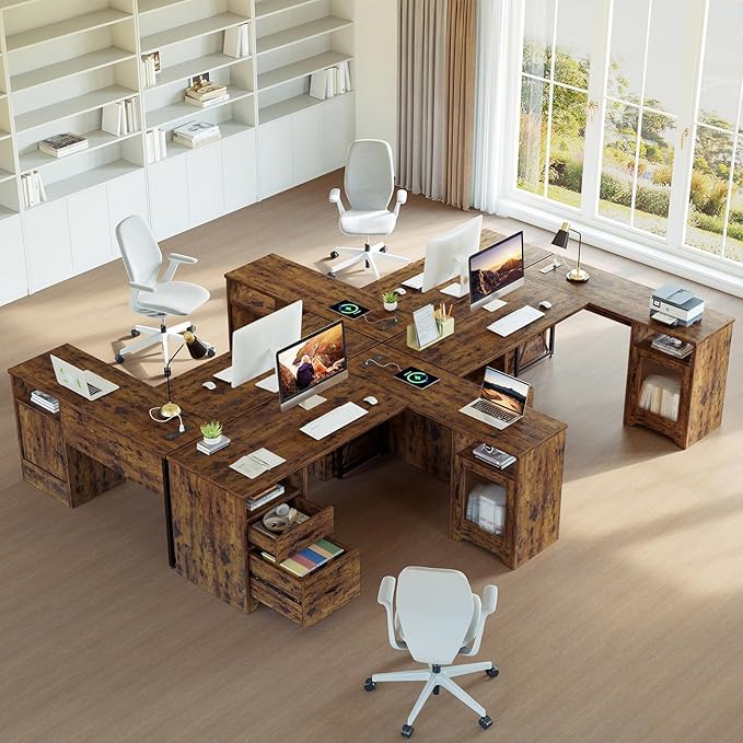 Bestier Farmhouse L Shaped Desk with Drawers, 63" x 47" Office Computer Desk with Charging Station & Fluted Storage Cabinet, Corner Desk with File Drawers, Modesty Panel for Home Office, Rustic Brown