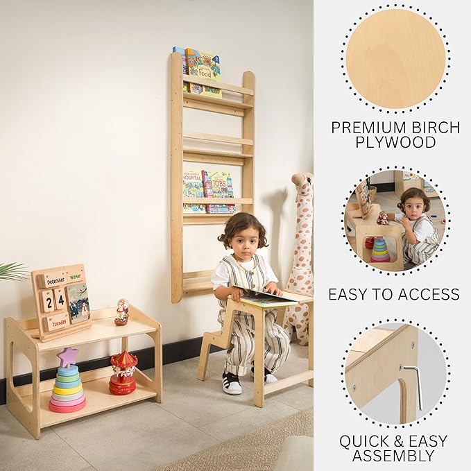 Montessori Bookshelf for Toddlers Solid Wood Toy Storage Shelf Organizer for Playroom and Classroom Floor Bookshelf for Kids Room (Natural, 2-Shelves)