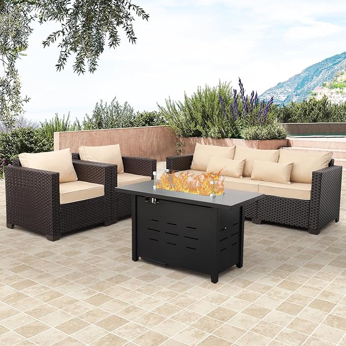 Propane Fire Pit 43 Inch Outdoor Fire Pit 50000 BTU Rectangle Gas Fire Table with Steel Lid, Blue Crystal Beads, Glass Wind Guard and Waterproof Cover for Outside Patio and Garden
