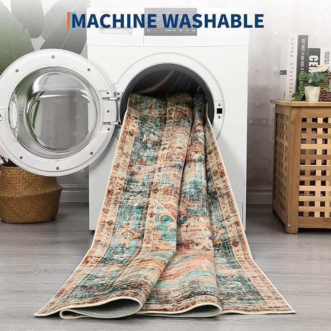 5x7 Area Rug Washable Boho Vintage Medal Print Small Carpet Non Slip Office Rugs Low Pile Soft Bedroom Carpet Non Shedding Nursery Floor Mats for Kitchen Dining Living Room Green Brown