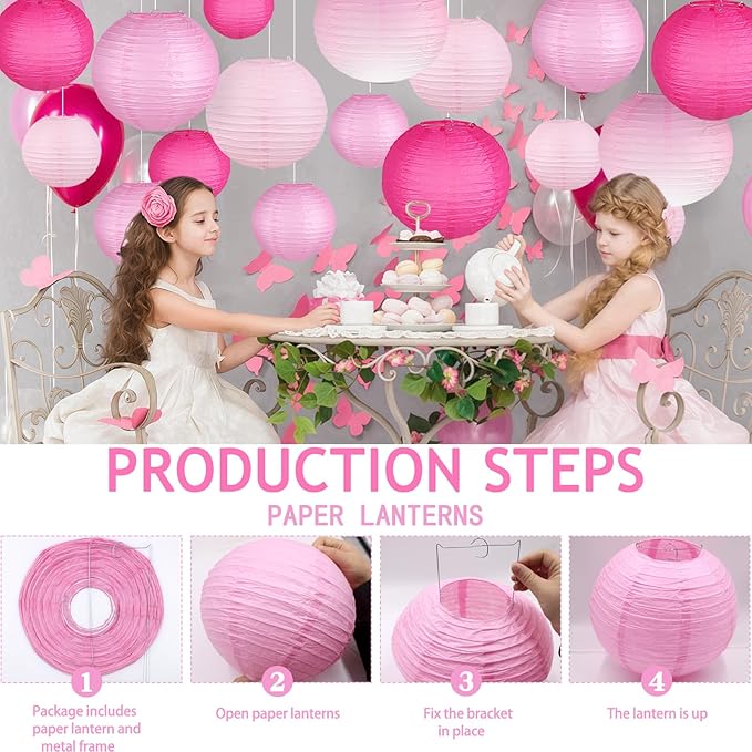 Paper Lanterns Decorative, Gradient Pink Round Hanging Paper Lantern Decorations for Wedding, Valentine's Day, Anniversary, Baby Shower, Girls Birthday Party Supplies, 15Pcs