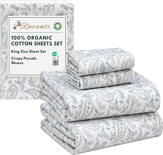 RUVANTI 100% Organic Cotton Sheets King Size, Percale Weave, GOTS Certified, 4-Piece Set, Deep Pocket 15", Crisp & Breathable, Soft Durable Bedding, Sábanas Algodón Orgánico – Ornate Oasis