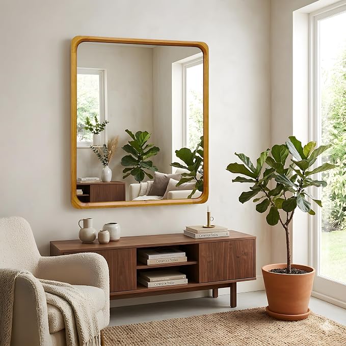 Tanmicoshomy Natural Wood Bathroom Mirror 30 x 36 Inch, Rectangle Mirrors with Tempered Glass for Living Room Bedroom or Entryway
