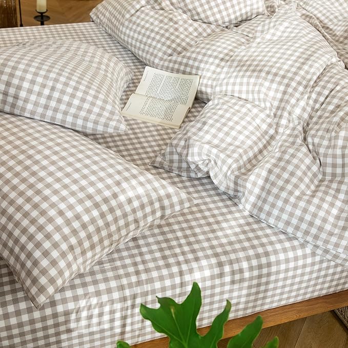 MooMee Gingham Duvet Cover Set 100% Washed Cotton Linen Like Textured Breathable Durable Soft Comfy Modern Checkered Design (Tannish Linen Grey Gingham, Super King 108"x98")