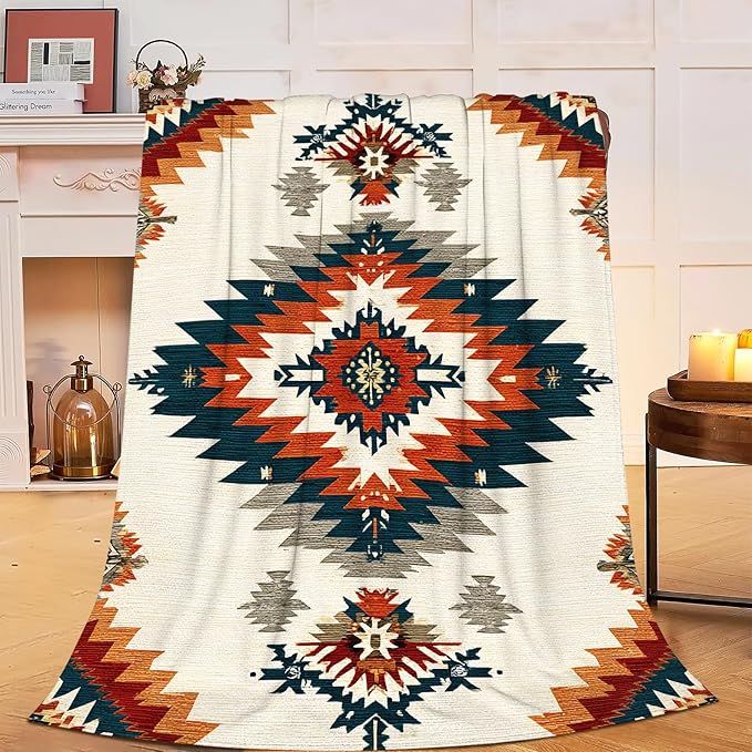Boho Western Blanket Aztec Tribal Southwest Throw Blanket Southwestern Navajo Soft Cozy Fleece Fuzzy Stuffed Plush Flannel Gifts for Girls Women Boys Kids Adults 60''x80''