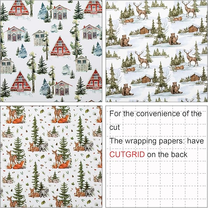 MAYPLUSS Christmas Wrapping Paper - 17" X 120" Per Roll - Vintage Watercolor Christmas Cottage, Wild Deer & Happy Polar Bears Gift Wrap Paper Winter Forest Landscape Design for Holiday