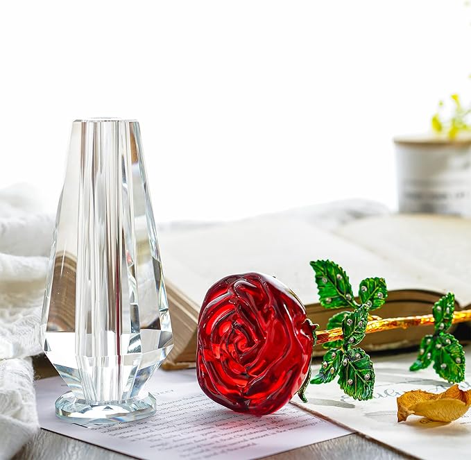 HDCRYSTALGIFTS 10'' Crystal Rose Flower Figurine Collectible Flower Gifts for Women,Crystal Glass Flower Collectible Ornaments for Christmas Home Table Centerpiece