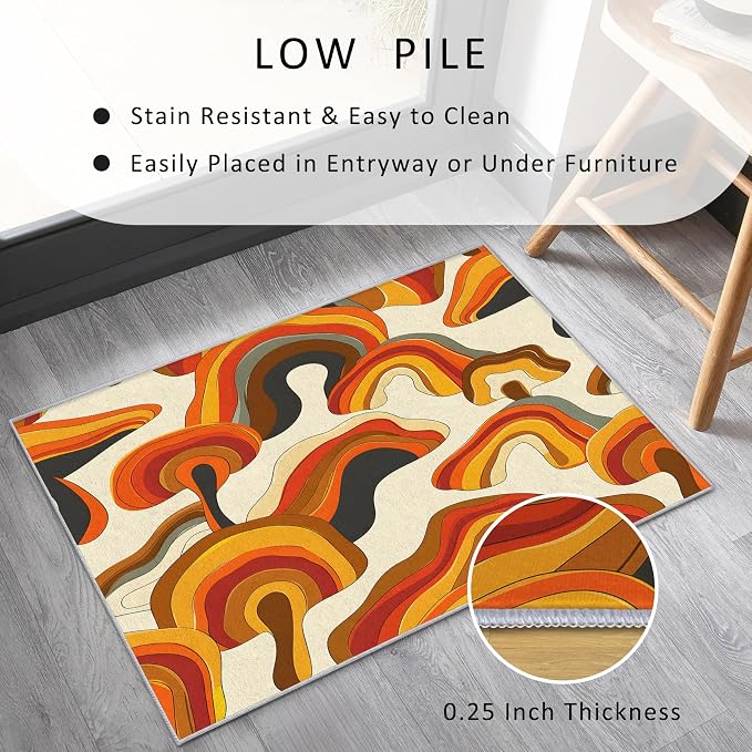 70s Retro Rug 3x5 Psychedelic Funky 1970s Abstract Pattern Area Rugs for Living Room, Bedroom, 70s Retro Home Decor Accessories Indoor Carpet, Non Slip & Machine Washable, GD0334
