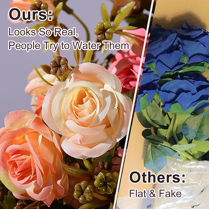 Artificial Rose Flowers for Outdoor 4 Bundles Rose Bouquet with Daisy Faux Flowers UV Resistant for Home Indoor Outside Garden Porch Window Box Balcony Yard Porch Fall Decor (Pink+Orange)