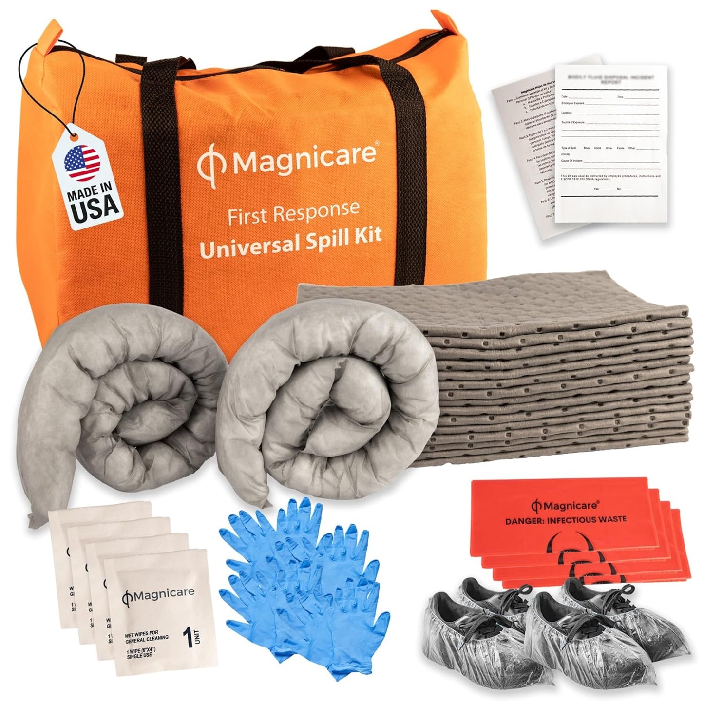 Universal Spill Kit - OSHA Approved Biohazard Cleanup for Oil, Water & Chemicals | 15 Absorbent Pads, 2 Socks, PPE in Bright Orange Duffel Bag