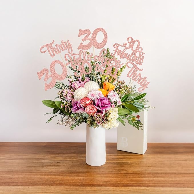 Gyufise 15Pcs 30th Birthday Centerpiece Sticks Thirty Happy 30th Table Flower Centerpieces Sticks Cheers to 30 Floral Decorations for 30th Birthday Party Centerpieces Supplies Rose Gold