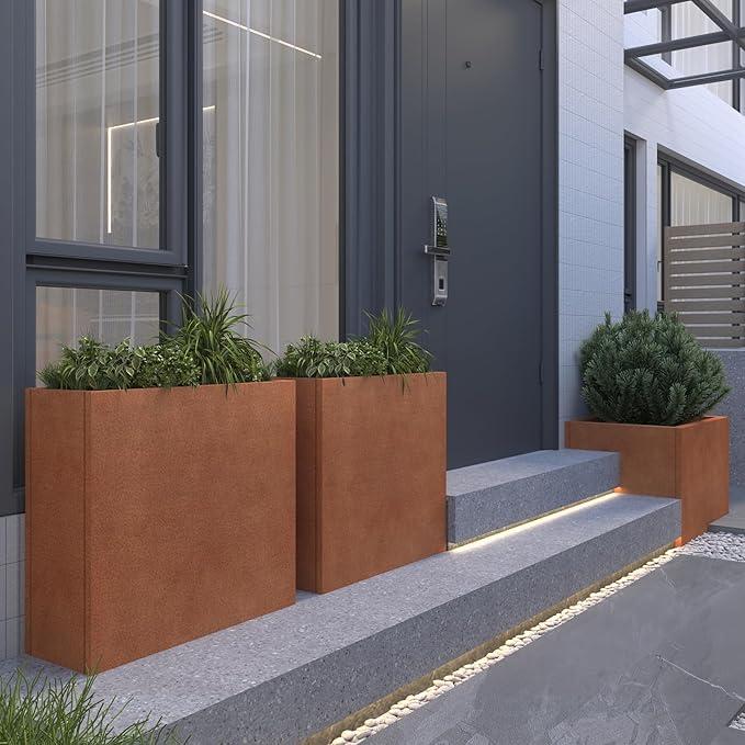 Corten Steel Rectangular Planter for Outdoor Plants 24" x 10" x 24" Rusted Metal Outdoor Planter Box Spliced Flower Box with Partitions for Outside,Indoor,Garden (Corten, 24 * 10 * 24)