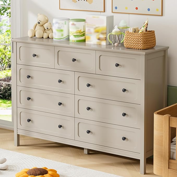 Dresser for Bedoom, Modern Chest of Drawers, Wood 8 Drawer Dresser with Metal Handles, Storage Organizer Wide Dressers for Living Room, Hallway, Entryway, Beige