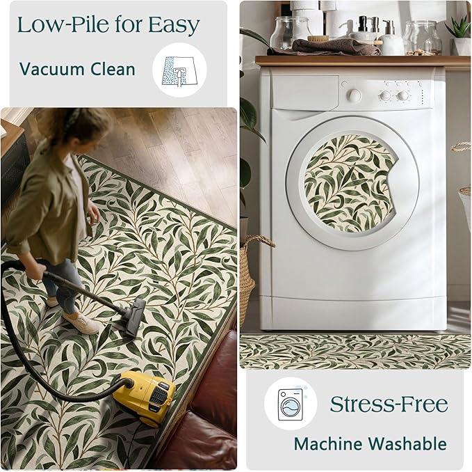 3x5 Boho Entry Rug - Small Washable Indoor Outdoor Mats for Front Door Non-Slip Porch Rug Sage Green Botaniacal Leaf Throw Rugs for Living Room Bedroom Entryway Kitchen Office Porch Decor