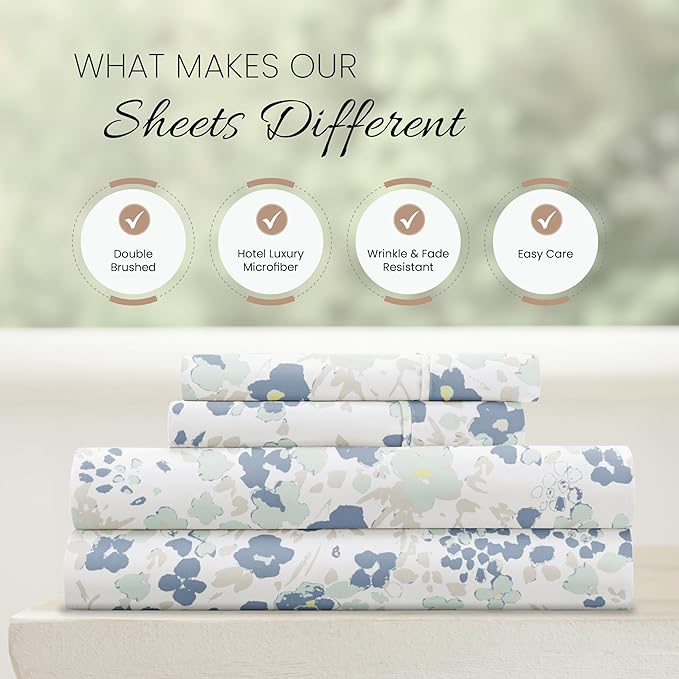 Linen Market Double-Brushed Patterned Microfiber Full Sheet Set 4 Piece – Oeko-TEX Certified Ultra Soft & Wrinkle-Free - 16" Deep Pocket Sheets - Easy Care Full Size - Violets Light Blue