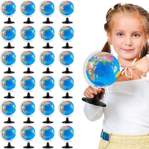 Henoyso Mini World Globes - 24 Pcs Rotating 3.4-Inch Earth Globes with Stands for Classroom Decor | Blue