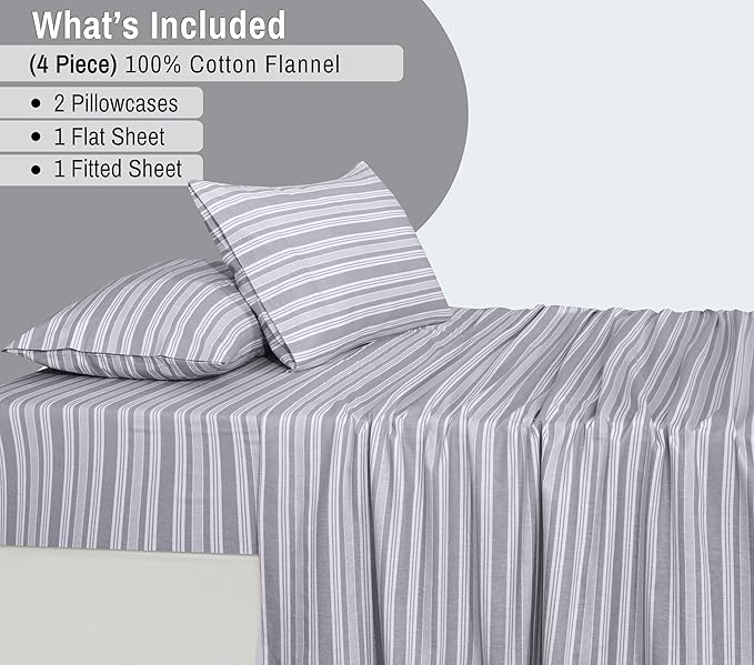 RUVANTI Flannel Sheets Full Size - 100% Cotton Double Brushed Bed Sheets Set, Deep Pockets 16 Inches, All Seasons Breathable & Extra Soft Full Sheets, Warm & Cozy, 4 Piece, Grey Lining