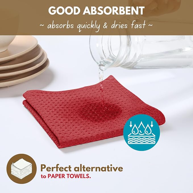 Native Fab Waffle 18 Pack Dish Cloths - 100% Cotton, 12"x12", Absorbent, Quick Drying, Washable Towels for Cleaning, Cooking & Baking - Ideal for Home, Hotels, Bars, Restaurants, Multiple Use - Red