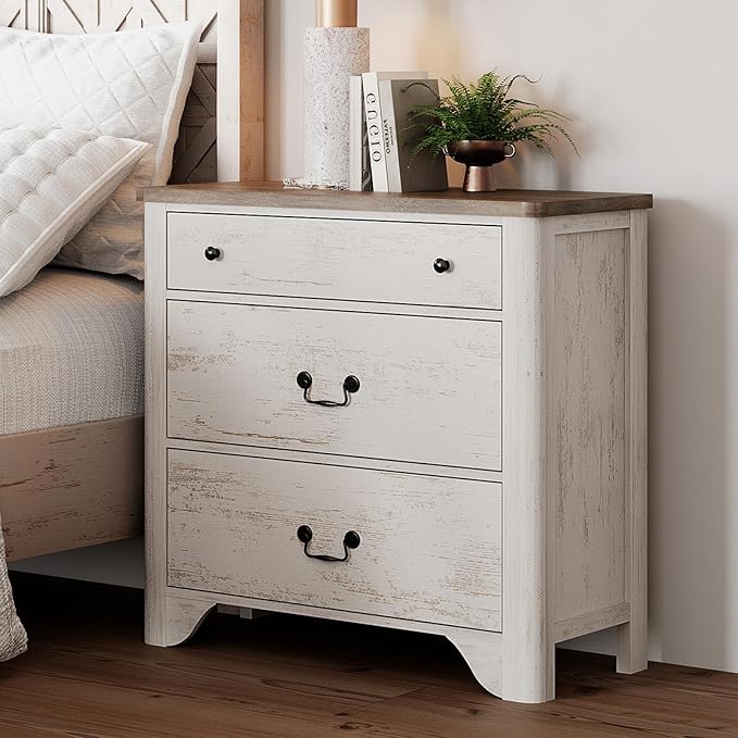Dresser for Bedroom with 3 Drawers, Rustic White Kids Dressers Wood Chest of Drawers with Curved Profile Design, Mid Century Modern Small Closet Storage Organizer for Nursery, Hallway, Living Room